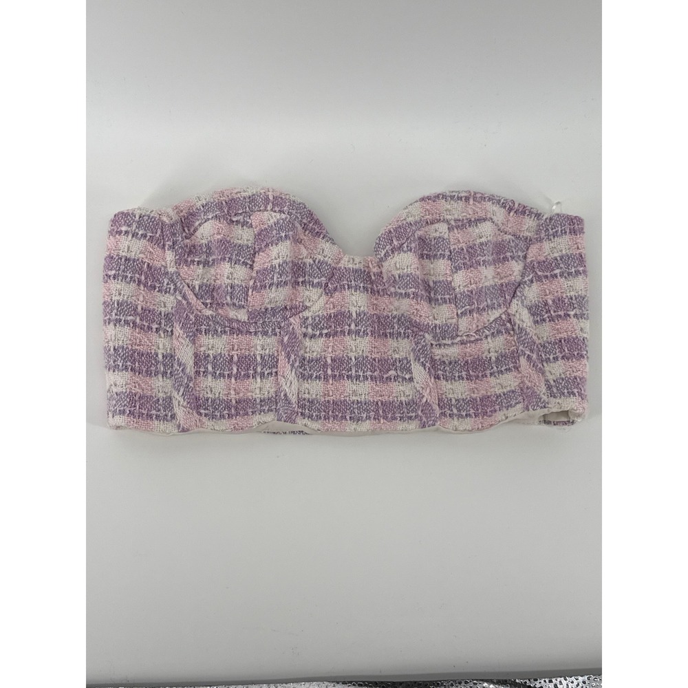 Zara Womens Pastel Purple Pink Plaid Tweed Corset Strapless Crop Top Bustier S